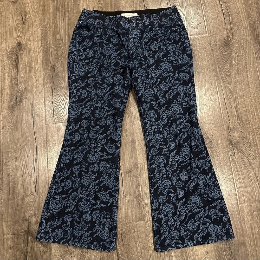 Soft Surroundings Floral Wide Leg Flare Pull on Jeans Size Large Boho Bell